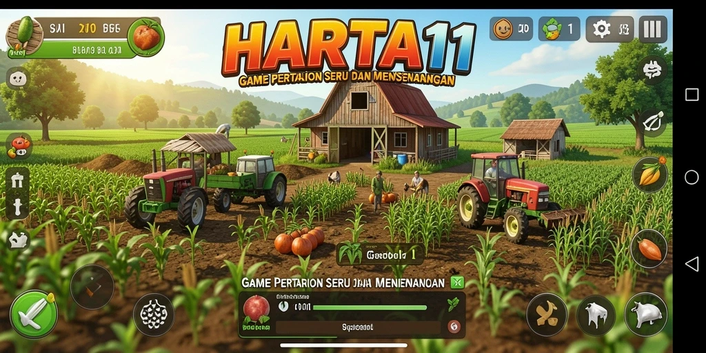 Gameplay HARTA11 yang menampilkan saat-saat panen berkebun yang ceria.