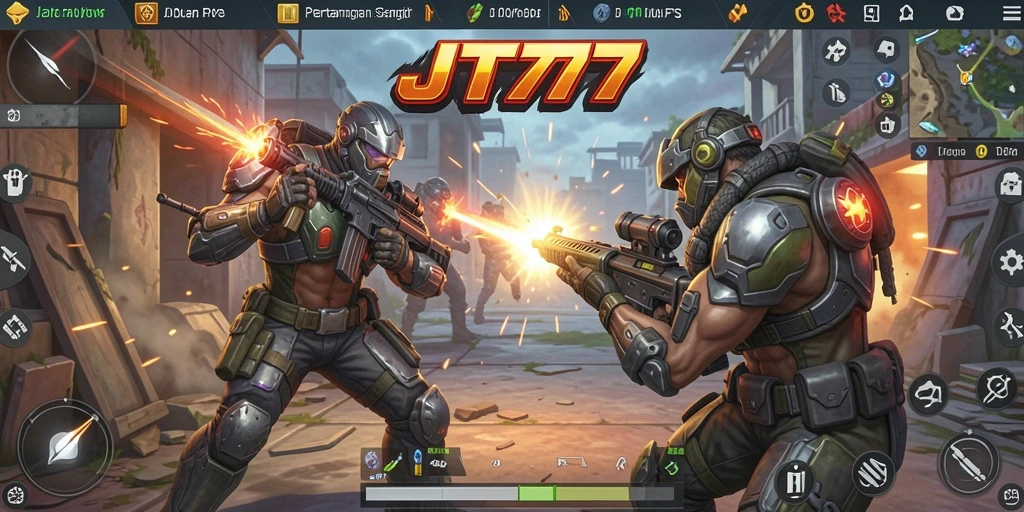 Screenshot gameplay JT777 menunjukkan aksi tembak-menembak yang mendebarkan.