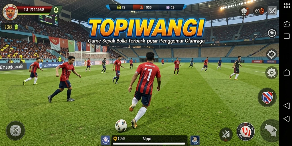 Tangkapan layar utama TOPIWANGI menampilkan aksi seru di lapangan sepak bola.